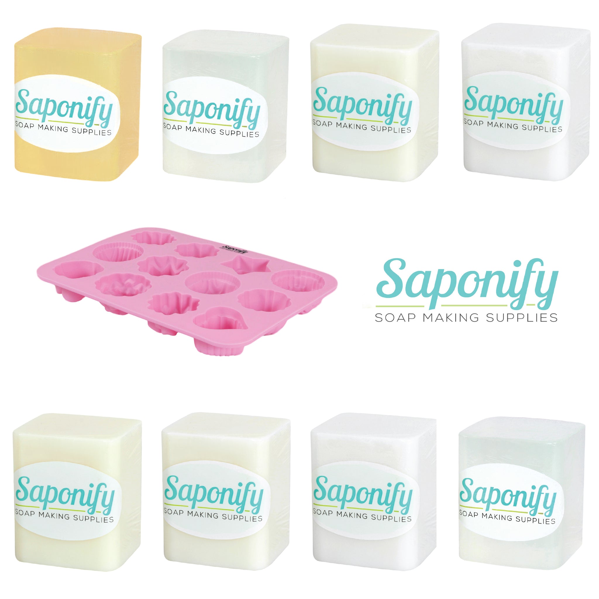 Saponify - Melt and Pour Soap Base Sampler Kit, Silicone Mold, Aloe, Clear,  Coconut Milk, Charcoal, Avocado Butter, Olive Oil, White and Shea Butter